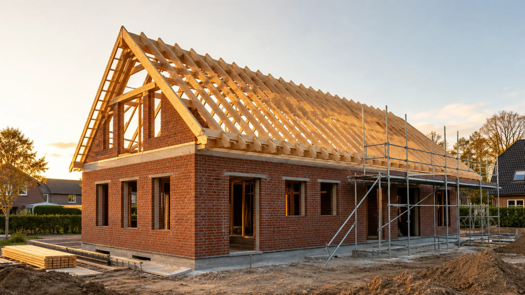 Norddeutsche Hausbaustelle mit Mauerwerk und Holzbau