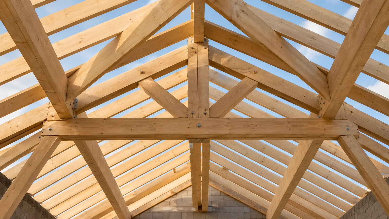 Neuer Holz-Dachstuhl mit hellen Sparren von unten