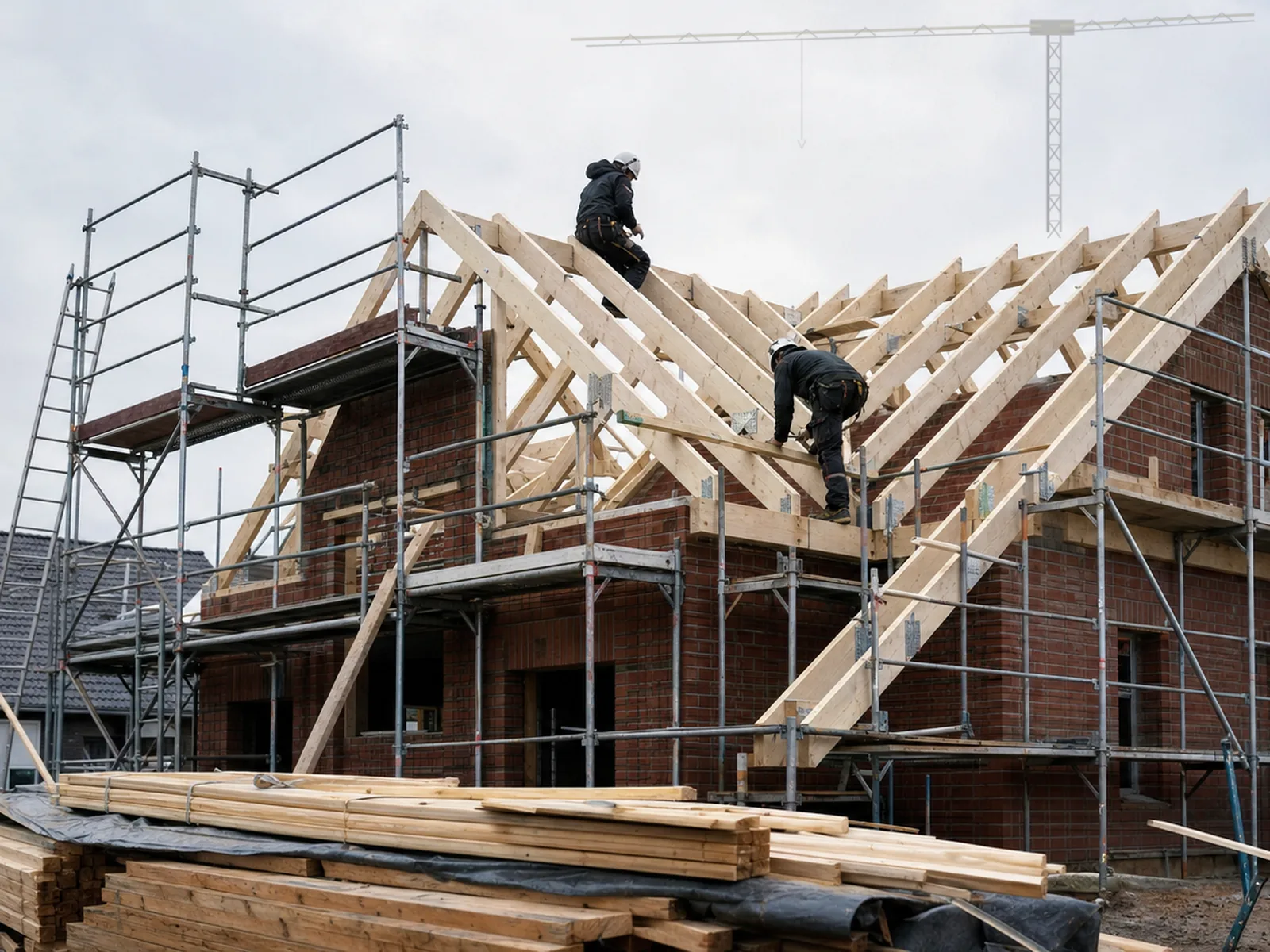 Aufgerichteter Dachstuhl aus Holz auf einem Mauerwerks-Rohbau mit Gerüst und Kran