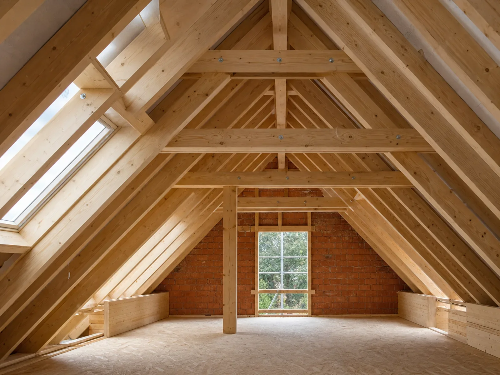 Fertiger Holz-Dachstuhl mit sichtbarem Sparrenwerk und Ziegelgiebel